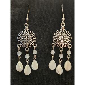 Antique silver sunburst and gray/white mother of pearl shell chandelier earrings